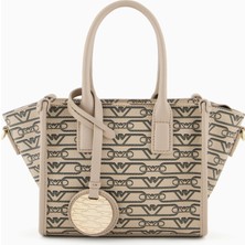 Emporio Armani Kadın Siyah Üzerinde Gold Marka Logolu Çapraz ve Kısa Askılı Bej Omuz Çantası EW000371 AF11951-F1074