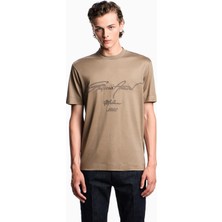 Emporio Armani Erkek Regular Fit Yuvarlak Yakalı Logo Işlemeli Pamuklu Kısa Kollu Bej T-Shirt EM003007 AF18312-U6189