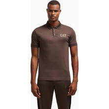 Erkek Slim Fit Şerit Detaylı Polo Yaka Gold Ea7 Logolu Kısa Kollu Kahverengi Polo Yaka T-Shirt 7M000300 AF13739-U6139