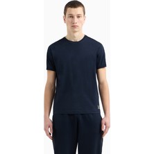 Erkek Omuzları Şerit Çizgili Ea7 Logolu Regular Fit Yuvarlak Yaka Kısa Kollu Mavi T-Shirt 7M000138 AF10375-UB102