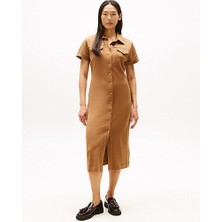 Tommy Hilfiger Kadın Normal Kalıp Gold Düğme Detaylı Saf Pamuklu Midi Kahverengi Elbise WW0WW44617-GWA