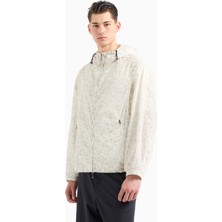 Emporio Armani Erkek Kapüşonlu Fermuarlı Kartal Desenli Beyaz Ceket EM002006 AF12021-MB046
