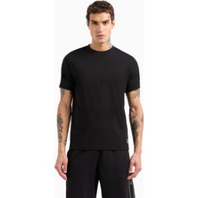 Erkek Omuzları Şerit Çizgili Ea7 Logolu Regular Fit Yuvarlak Yaka Kısa Kollu Siyah T-Shirt 7M000138 AF10375-UC001