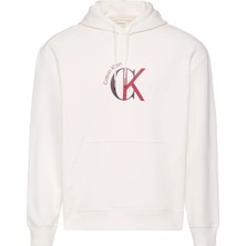 Calvin Klein Erkek Regular Fit Kapüşonlu Yaka Pamuklu Logo Baskılı Uzun Kollu Beyaz Sweatshirt LV04RE255G-YBH