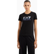 Kadın Normal Kalıp Ea7 Pul Logolu Yuvarlak Yaka Esnek Pamuklu Kısa Kollu Siyah T-Shirt 7W000183 AF10373-UC001