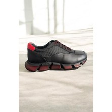 Zueofficial Erkek Hakiki Deri Kırmızı Eva Taban Siyah Deri Spor Ayakkabı