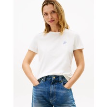 Tommy Hilfiger Kadın Marka Logo Detaylı Çizgili Regular Fit Kısa Kollu Beyaz T-Shirt WW0WW47809-YBL