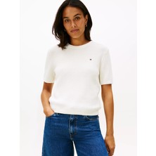 Tommy Hilfiger Kadın Saf Pamuklu Yuvarlak Yakalı Kısa Kollu Beyaz Kazak WW0WW48793-YBI