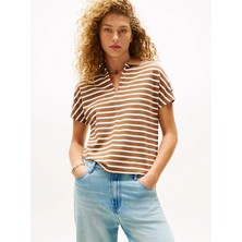 Tommy Hilfiger Kadın V Yaka Kısa Kol Düz Dokuma Kumaş Kahverengi Polo Yaka T-Shirt WW0WW46512-0BN