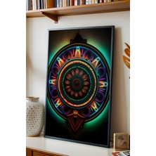E2 Nova Neon Geometrik Mandala Çerçeveli Tablo - Lüks Modern Fütüristik Duvar Dekoru Antrasit Sanat Eseri