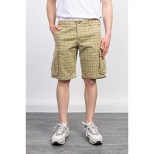 Megalomans Açık Krem Cepli Ekose Kargo Şort