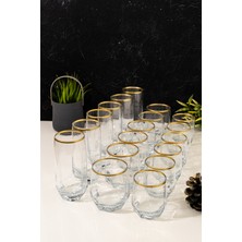 PremiumPort Gold Yaldızlı 18 Parça Cam Su Bardağı Seti 215-385 Cc, Şık ve Zarif Takım