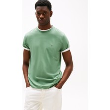 Erkek Kısa Kol Bisiklet Yaka Tommy Hilfiger Yazı Desen Slim Fit Yeşil T-Shirt MW0MW37313-L0M