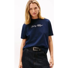 Tommy Hilfiger Kadın Logolu Kısa Kollu Pamuklu Lacivert T-Shirt WW0WW47819-C1G
