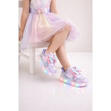 Minibonito Kız Çocuk Kurdele Detay Simli LED Taban Spor Ayakkabı