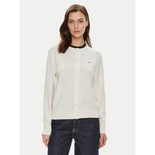 Tommy Hilfiger Kadın Normal Kalıp Yuvarlak Yakalı Pamuklu Uzun Kollu Örme Ekru Hırka WW0WW42370-Z00