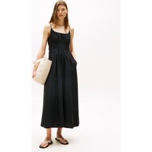 Tommy Hilfiger Kadın Pamuklu Fırfırlı Korse Detaylı Uzun Siyah Elbise WW0WW45800-BDS