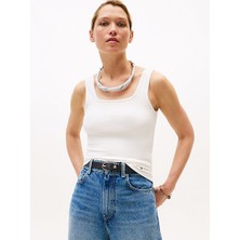 Tommy Hilfiger Kadın Askılı Kare Yaka Standart Boy Slim Fit Beyaz T-Shirt WW0WW45444-YBL