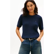 Tommy Hilfiger Kadın Saf Pamuklu Yuvarlak Yakalı Kısa Kollu Lacivert Kazak WW0WW48793-C1G