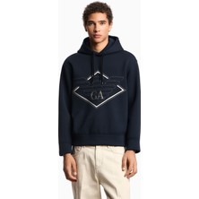 Emporio Armani Erkek Çift Bağcıklı Kapüşonlu Rahat %100 Pamuklu Jarse Kumaş Lacivert Sweatshirt EM002882 AF18339-MB367