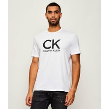 Calvin Klein Erkek %100 Pamuklu Yuvarlak Yakalı Ck Logo Baskılı Kısa Kollu Beyaz T-Shirt LV04RD819G-YAA