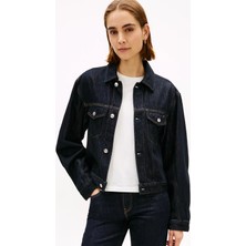 Tommy Hilfiger Kadın Normal Kalıp Hafif Düşük Omuzlu Uzun Kollu Pamuklu Denim Lacivert Ceket WW0WW49523-1AP