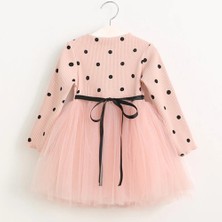 Şirin Şeyler Butiği Linda Kız Bebek Çocuk Elbise Puantiyeli Uzun Kol Esnek Likralı Somon