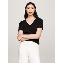 Tommy Hilfiger Kadın Slim Fit V Yaka Kısa Kollu Siyah T-Shirt WW0WW40584-BDS