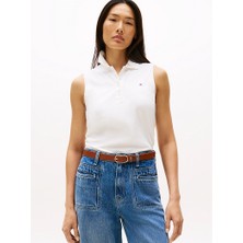 Tommy Hilfiger Kadın Polo Yaka Düğme Kapama Sıfır Kol Beyaz Polo Yaka T-Shirt WW0WW46790-YBL