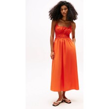 Tommy Hilfiger Kadın Pamuklu Fırfırlı Korse Detaylı Uzun Turuncu Elbise WW0WW45800-SCX