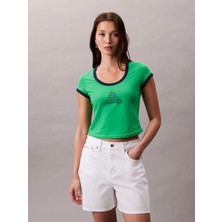 Calvin Klein Kadın Slim Fit Yuvarlak Yakalı Önü Baskılı Pamuklu Kısa Kollu Yeşil T-Shirt LV047C258G-L1X