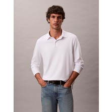 Calvin Klein Erkek Normal Kalıp %100 Pamuklu Uzun Kollu Beyaz Polo Yaka T-Shirt LV040EM909-YAF