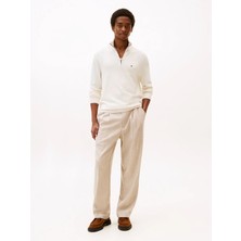 Tommy Hilfiger Erkek Regular Fit Yarım Fermuarlı Balıkçı Yaka Th Bayrak Logolu Uzun Kollu Ekru Kazak MW0MW37331-Z00