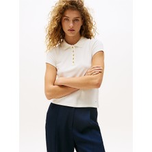 Tommy Hilfiger Kadın Slim Fit Gold Düğme Detaylı Esnek Pamuklu Kısa Kollu Beyaz Polo Yaka T-Shirt WW0WW45768-YA8