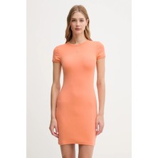 Calvin Klein Kadın Dar Kesim Yuvarlak Yakalı Kısa Kollu Ck Logo Işlemeli Mini Turuncu Elbise LV047B266G-VDW