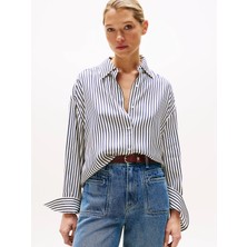 Tommy Hilfiger Kadın Gömlek Yaka Çizgili Uzun Kol Regular Fit Beyaz Gömlek WW0WW45888-0FD