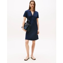 Tommy Hilfiger Kadın Rahat Kalıp V Yaka Pamuklu Midi Boy Lacivert Elbise WW0WW46464-C1G