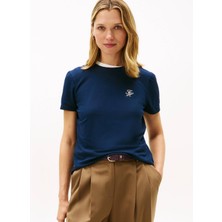 Tommy Hilfiger Kadın Marka Logo Detaylı Çizgili Regular Fit Kısa Kollu Lacivert T-Shirt WW0WW47809-C1G
