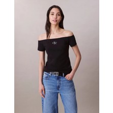 Calvin Klein Kadın Slim Fit Kayık Yaka Pamuklu Ck Logolu Kısa Kollu Siyah T-Shirt LV047C203G-UB1