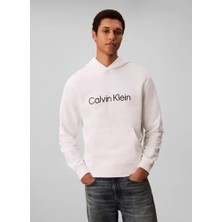 Calvin Klein Erkek Rahat Kalıp Kapüşonlu Göğsünde Logo Baskılı Uzun Kollu Beyaz Sweatshirt LV14LD231G-YAF