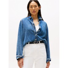 Tommy Hilfiger Kadın Normal Kalıp Gömlek Yaka Uzun Kollu Denim Mavi Gömlek WW0WW47219-1A5