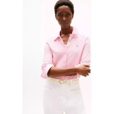 Tommy Hilfiger Kadın Gömlek Yaka Düğme Kapama Uzun Kol Slim Fit Pembe Gömlek WW0WW43528-0D7