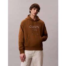 Calvin Klein Erkek Kapüşonlu Yaka Calvin Yazı Desen Uzun Kol Cep Detay Kahverengi Sweatshirt LV04RE207G-2E3