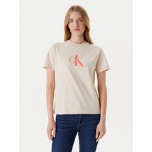Calvin Klein Kadın Normal Kalıp Yuvarlak Yakalı %100 Pamuk Ck Logo Baskılı Kısa Kollu Bej T-Shirt LV047B865G-C7P