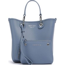 Emporio Armani Kadın Geniş Deri Kısa El Tutma Uzun Logo Detaylı Askı Mavi Omuz Çantası EW000362 AF12036-M8128