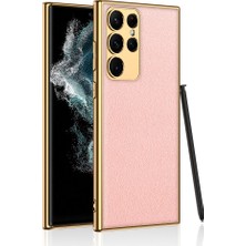 Subutu Galaxy S23 Ultra Kılıf Deri Görünümlü Kenarları Elektroplating Kaplama Sbt Fizyon Kapak-Pembe