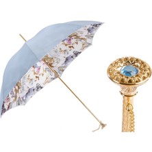 Pasotti Kelebek Desenli Açık Mavi Doğa Şemsiyesi, Çift Katlı Kumaş Manuel Açma - %100 Polyester - İşlemeli Pirinç Sap Uzunluk: 93 Cm - Çap: 102 Cm