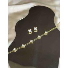 Güneş Takı Gold Beyaz Mini Yonca Model Bileklik, Mini Küpe Seti