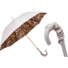 Pasotti Leopar Desenli, Büzgülü Deri Saplı Şemsiye Manuel Açma - %100 Polyester - Deri Sap Uzunluk: 93 Cm - Çap: 102 Cm
