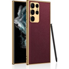 Subutu Galaxy S23 Ultra Kılıf Deri Görünümlü Kenarları Elektroplating Kaplama Sbt Fizyon Kapak-Kırmızı